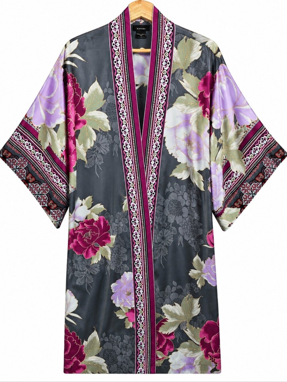 Natori Floral Kimono Robe Gray Purple Satin Lounge Cover Up Pockets Size Small - Picture 1 of 12